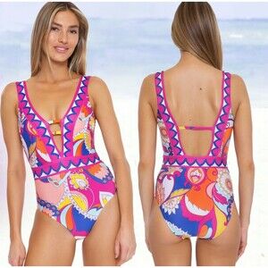 NEW Trina Turk Sevilla Multi Color 10 Strappy Plunge One Piece Swimsuit